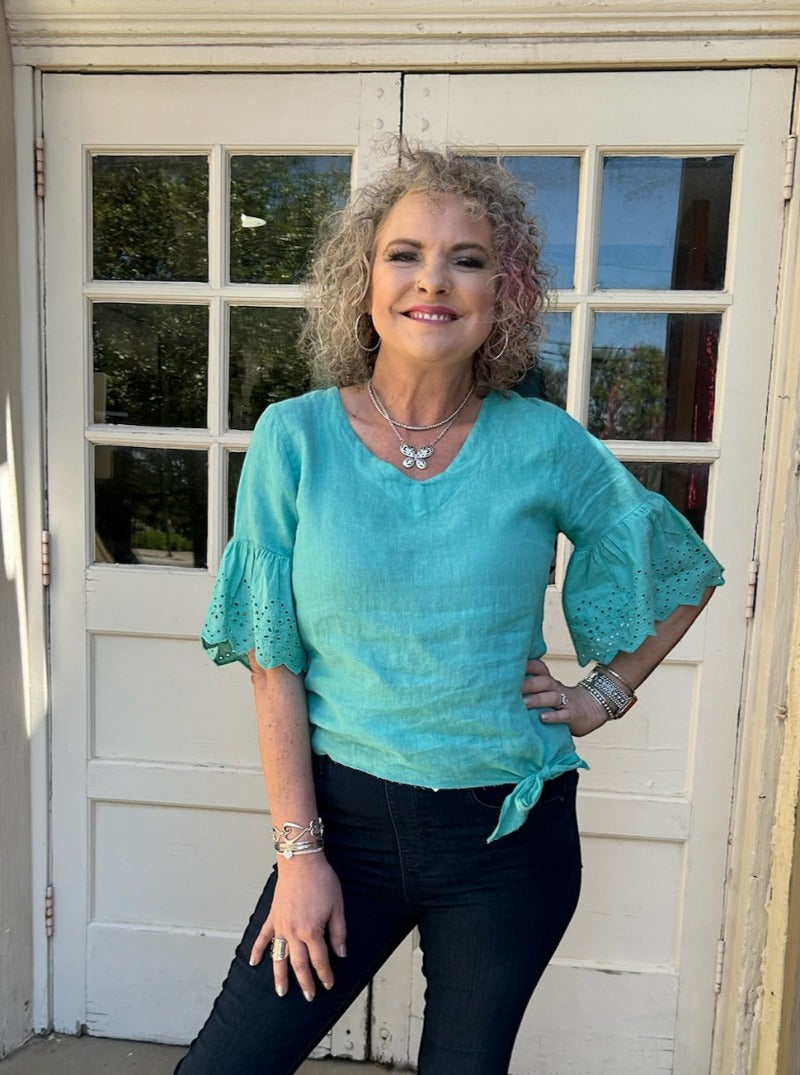 Linen Tie Top with Eyelet Trim Sleeves in Mint at ooh la la! in Grapevine TX 76051