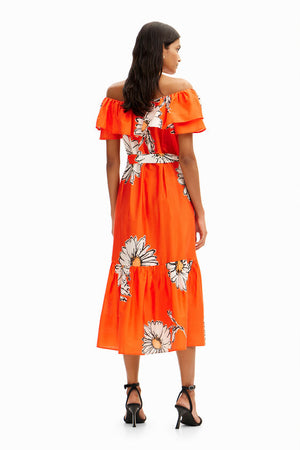 Desigual Daisy Ruffle Midi Dress in Orange at ooh la la! in Grapevine TX 76051