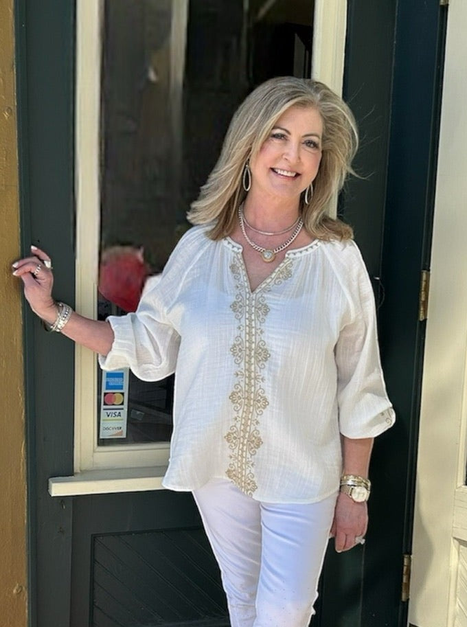 Liverpool Embroidered Double Layer Gauze Top in Tan at ooh la la! in Grapevine TX 76051