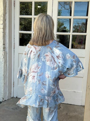 Floral Linen Big Top With Ruffles in Blue at ooh la la! in Grapevine TX 76051