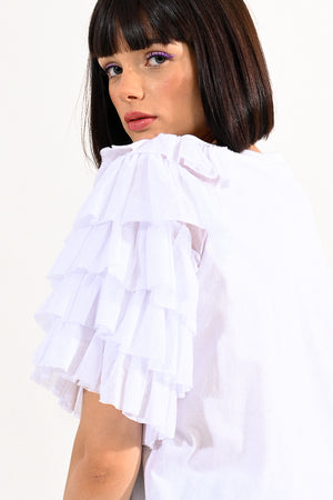 Molly Bracken Single Ruffle Sleeve Top in White at ooh la la! in Grapevine TX 76051