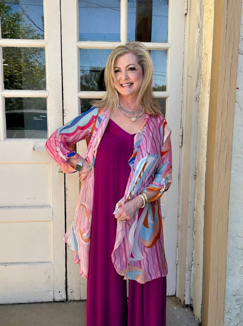 Portici Abstract Silk Cardigan in Pink at ooh la la! in Grapevine TX 76051
