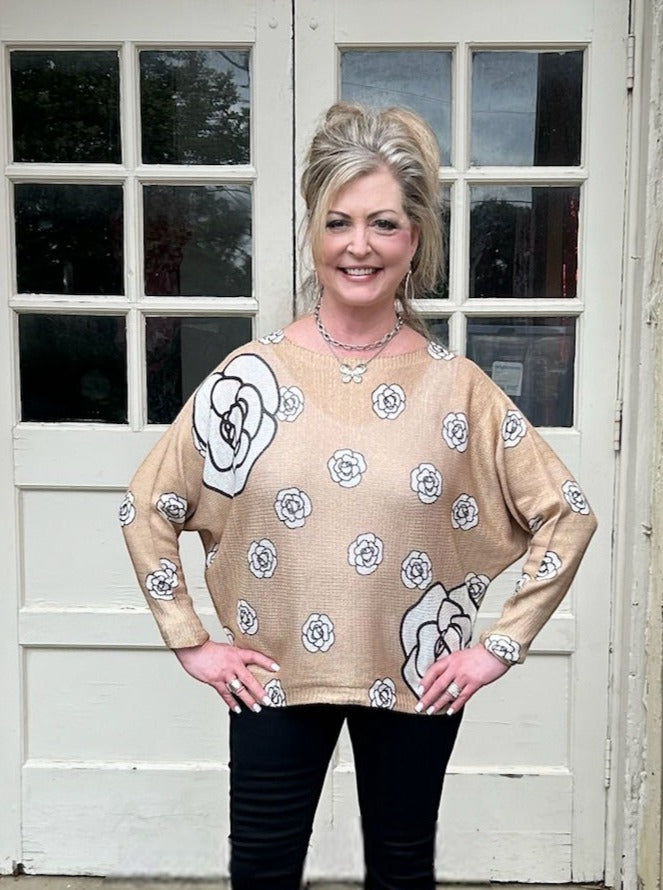 Made in Italy Metallic Gold and Flowers Batwing Sweater at ooh la la! in Grapevine TX 76051