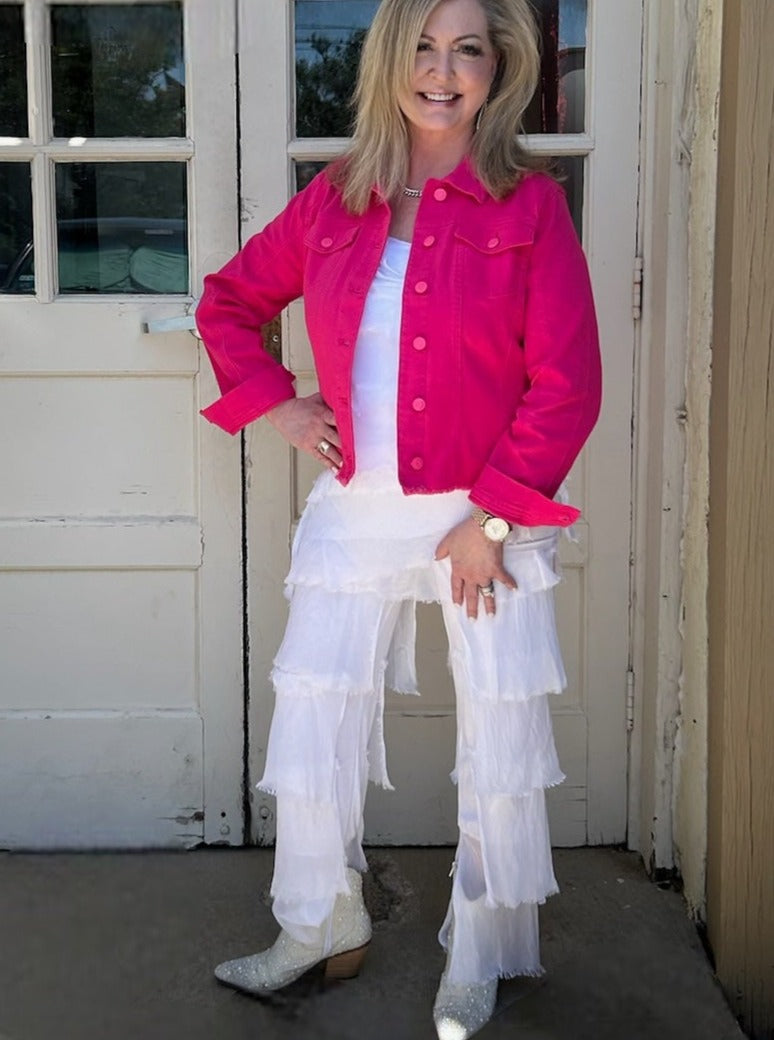 Made in Italy Silk Ruffle Pants in Blue at ooh la la! in Grapevine TX 76051