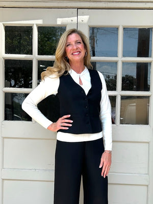 Molly Bracken Woven Button Front Vest in black at ooh la la! in Grapevine TX 76051