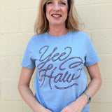 Yeehaw crop tee, western graphic top, mid-length crop shirt, pink rope graphic, southern chic apparel, cowgirl style, soft graphic tee, women's western fashion.
at ooh la la! in Grapevine TX 76051