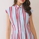 Americana dress, striped midi dress, shirt dress with pockets, A-line summer dress, button down dress, red white and blue dress, slimming vertical stripes, patriotic fashion. at ooh la la! in Grapevine TX 76051