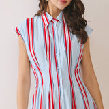 Americana dress, striped midi dress, shirt dress with pockets, A-line summer dress, button down dress, red white and blue dress, slimming vertical stripes, patriotic fashion. at ooh la la! in Grapevine TX 76051