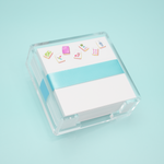Taylor Paladino desk set with mahjong tile illustrated notepad in clear acrylic holder with teal ribbon at ooh la la! in Grapevine TX 76051