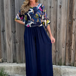 Made in Italy Satin Wide Leg Pants in navy at ooh la la! in Grapevine TX 76051
