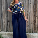 Made in Italy Satin Wide Leg Pants in navy at ooh la la! in Grapevine TX 76051