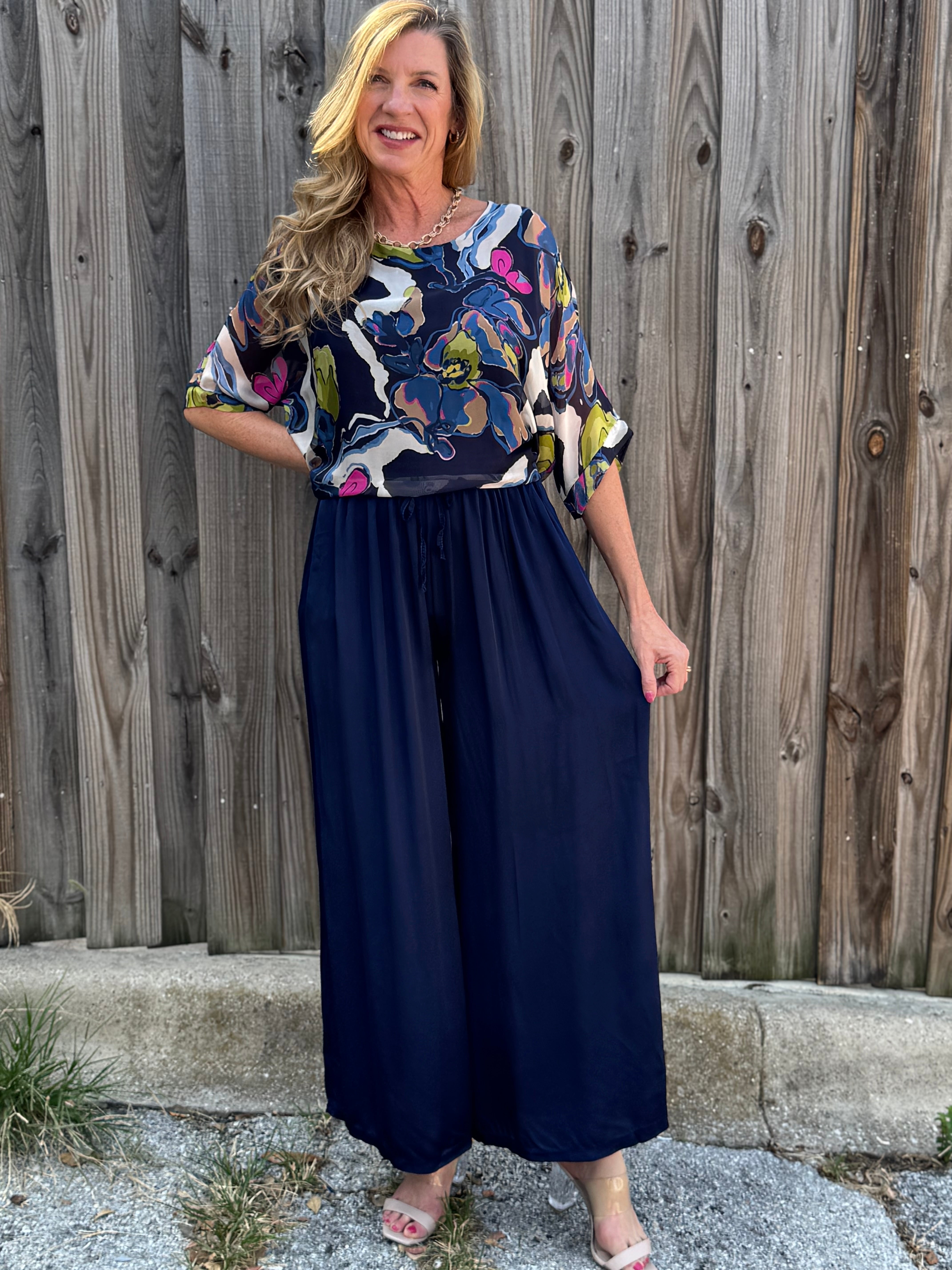Made in Italy Satin Wide Leg Pants in navy at ooh la la! in Grapevine TX 76051