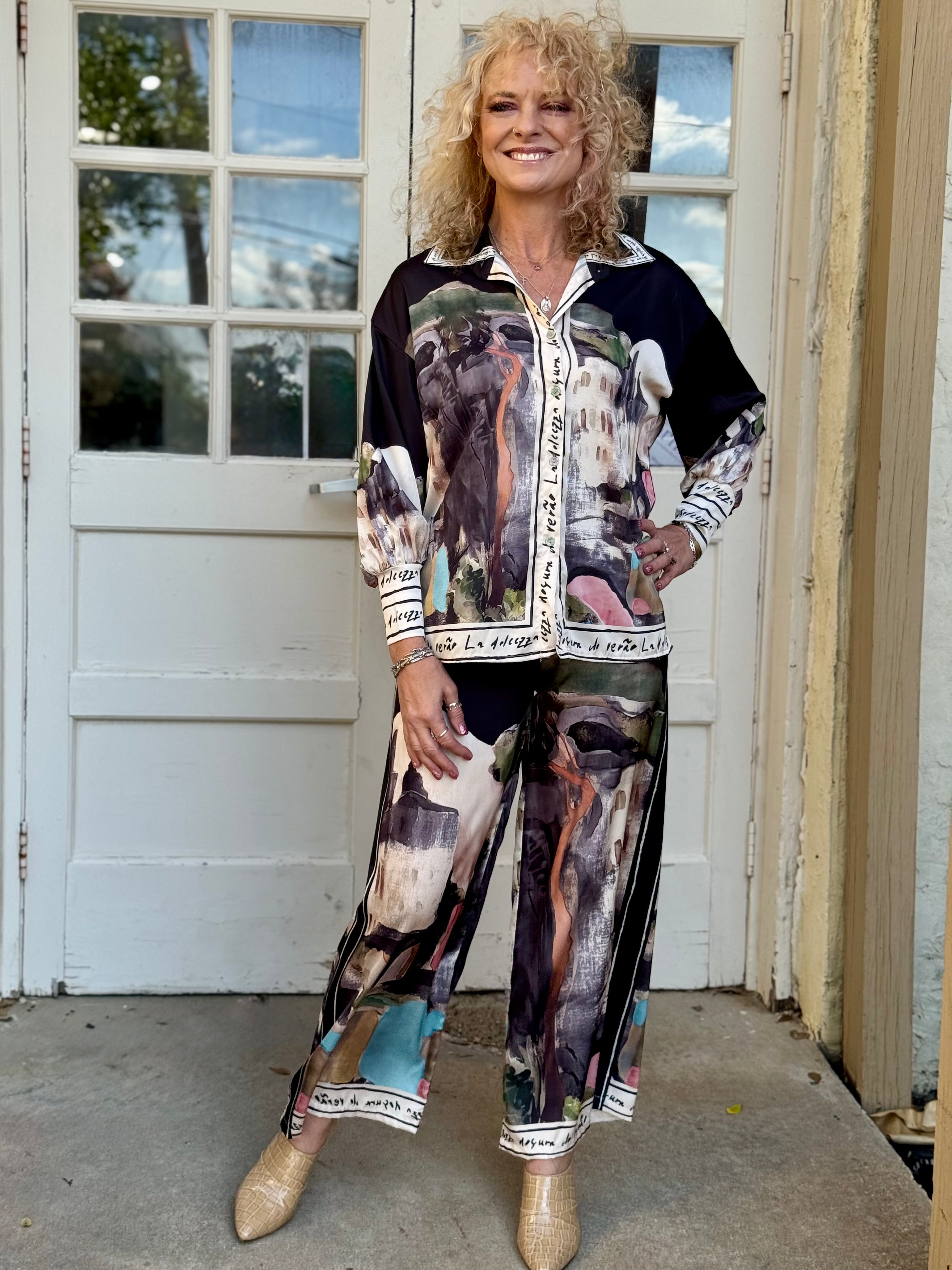 Satin Village Print Pant In black at ooh la la! in Grapevine TX 76051