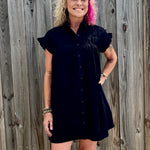 Molly Bracken Corduroy Ruffle Sleeve Shirt Dress in black at ooh la la! in Grapevine TX 76051