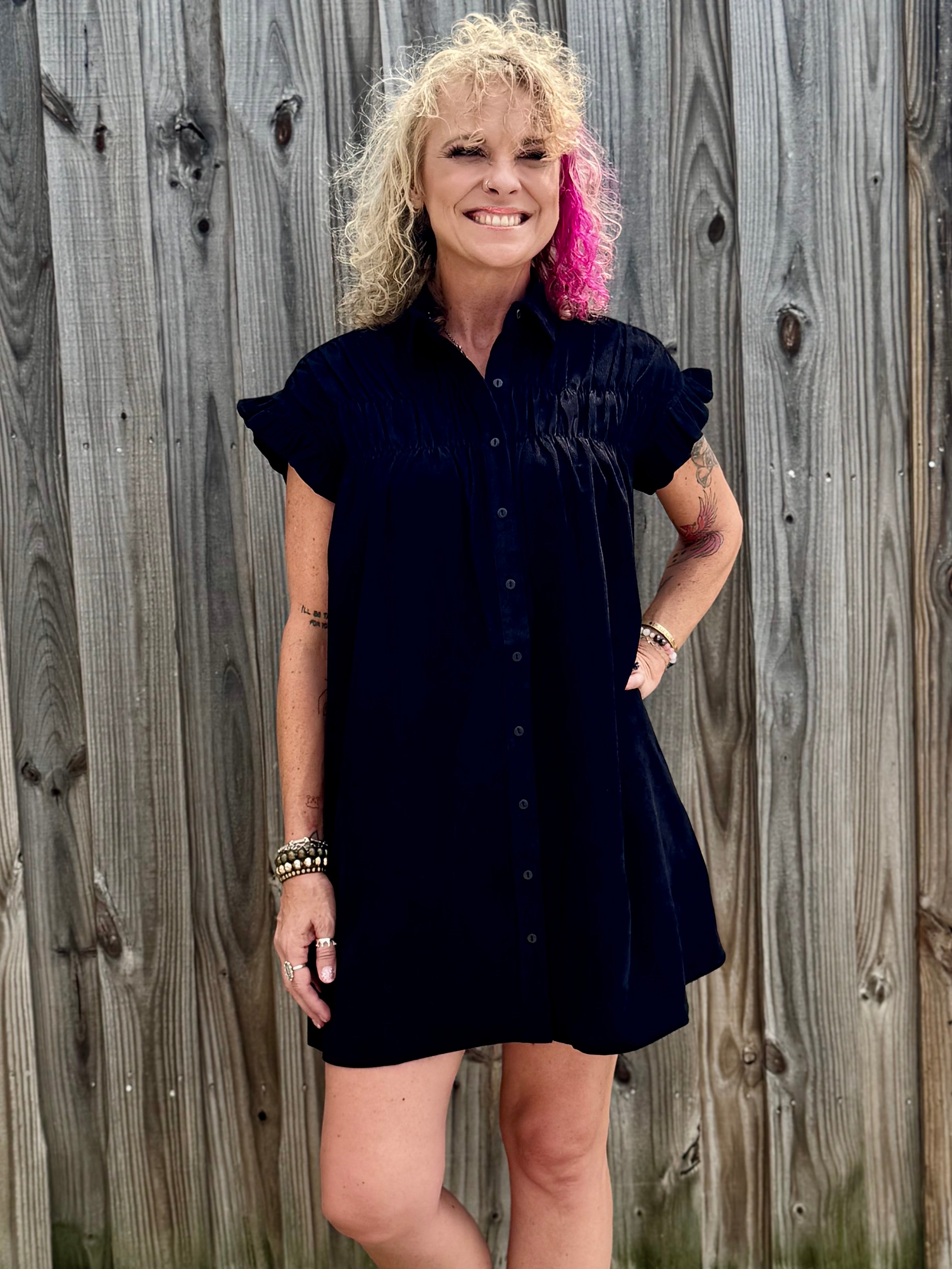 Molly Bracken Corduroy Ruffle Sleeve Shirt Dress in black at ooh la la! in Grapevine TX 76051