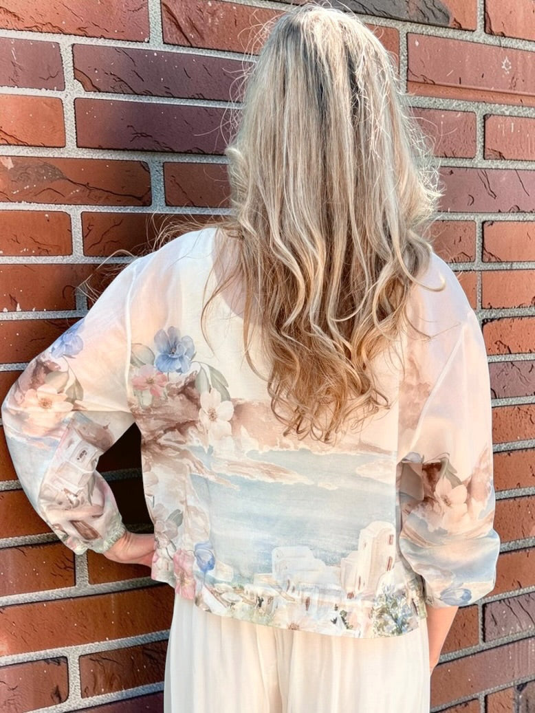 Santorini Print Sheer Bomber Jacket in beige at ooh la la! in Grapevine TX 76051