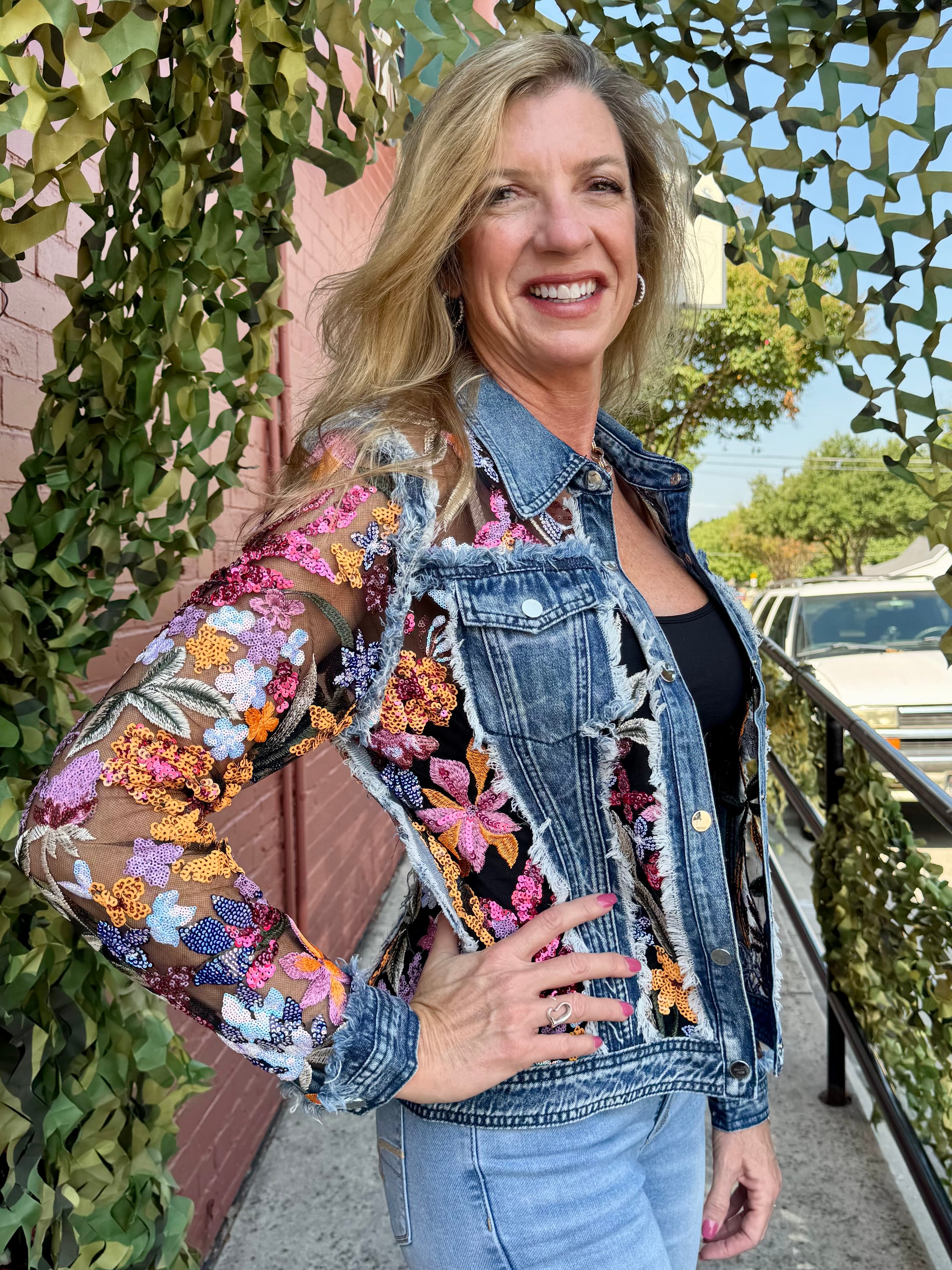 Adore Denim Jacket With Sequin Lace at Ooh La La! in Grapevine TX 76051