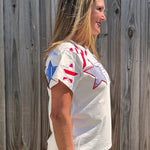 Queen of Sparkles, USA Star Tee, Patriotic Sequin Shirt, 4th of July Fashion, Designer Patchwork Tee, Red White and Blue Top, Luxury Graphic Tee at ooh la la! in Grapevine TX 76051