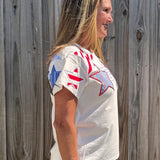 Queen of Sparkles, USA Star Tee, Patriotic Sequin Shirt, 4th of July Fashion, Designer Patchwork Tee, Red White and Blue Top, Luxury Graphic Tee at ooh la la! in Grapevine TX 76051