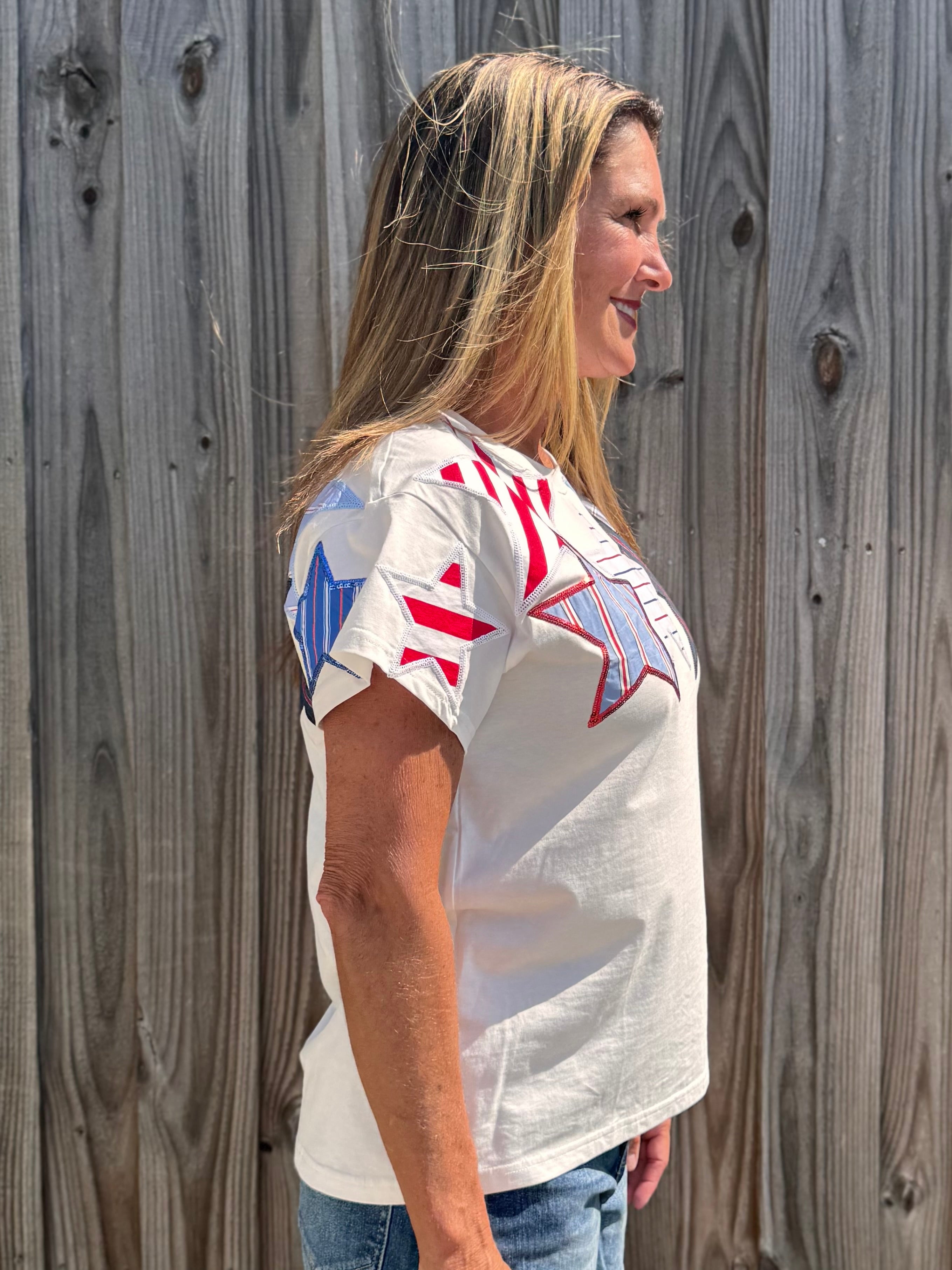 Queen of Sparkles, USA Star Tee, Patriotic Sequin Shirt, 4th of July Fashion, Designer Patchwork Tee, Red White and Blue Top, Luxury Graphic Tee at ooh la la! in Grapevine TX 76051