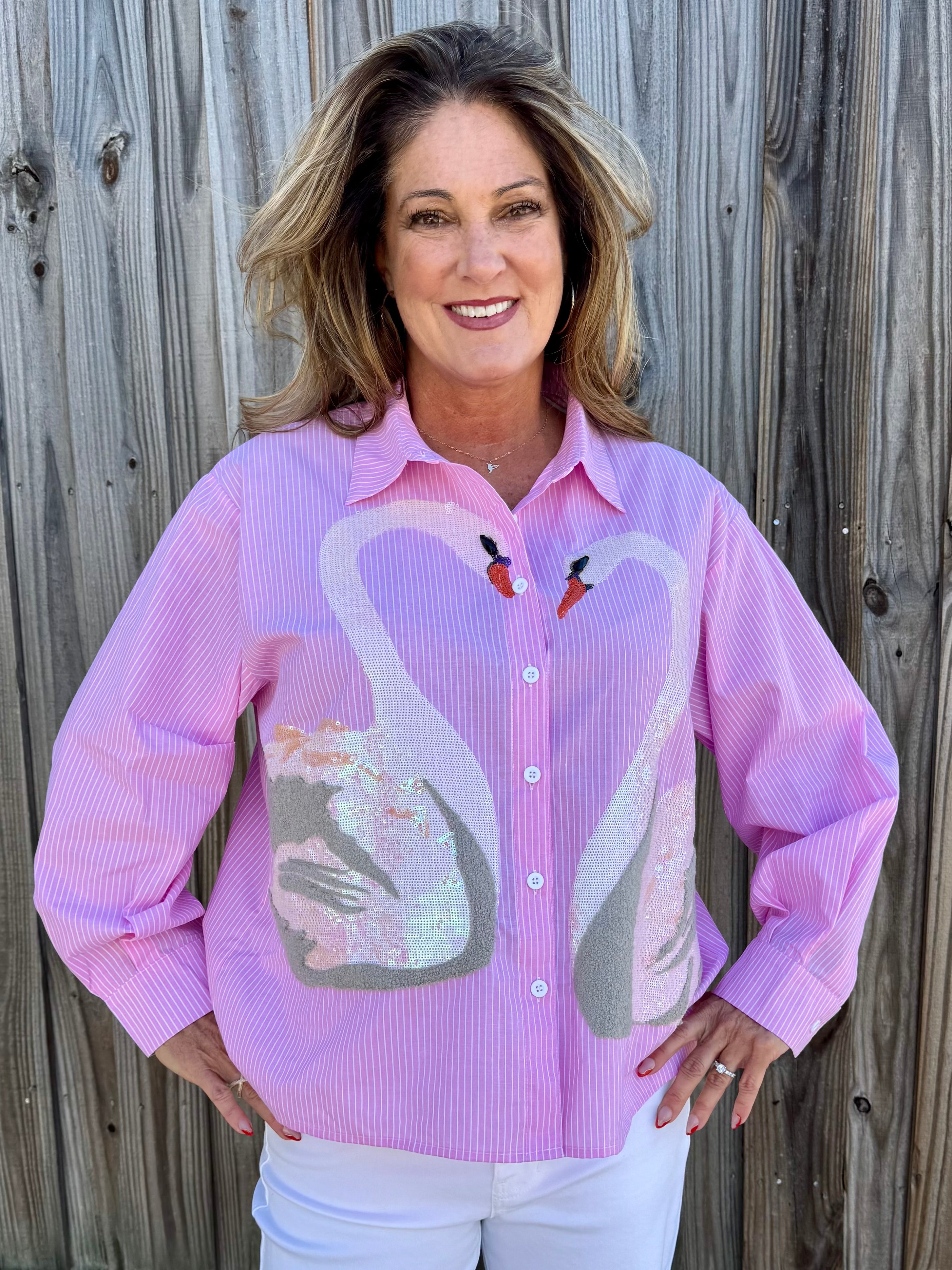 Queen of Sparkles Striped Sequin Swan Button Up Long Sleeve Top at ooh la la! in Grapevine TX 76051