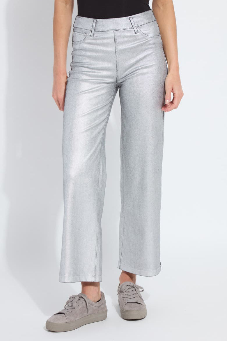Lysse Metallic Coated High Waist Wide Leg Pull-On Jeans in silver at ooh la la! in Grapevine TX 76051