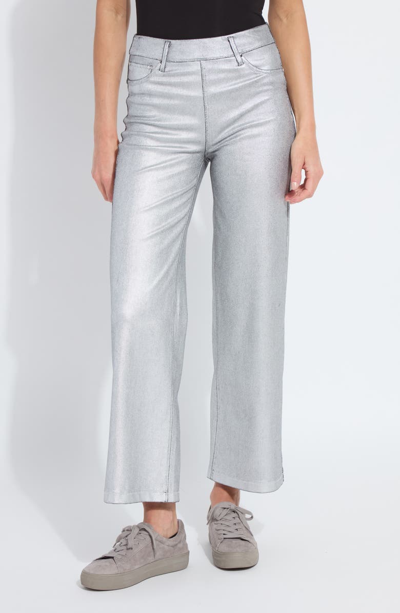Lysse Metallic Coated High Waist Wide Leg Pull-On Jeans in silver at ooh la la! in Grapevine TX 76051