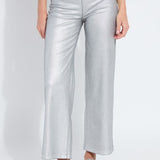 Lysse Metallic Coated High Waist Wide Leg Pull-On Jeans in silver at ooh la la! in Grapevine TX 76051