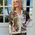 Satin Village Print Long Sleeve Blouse in Olive at ooh la la! in Grapevine TX 76051