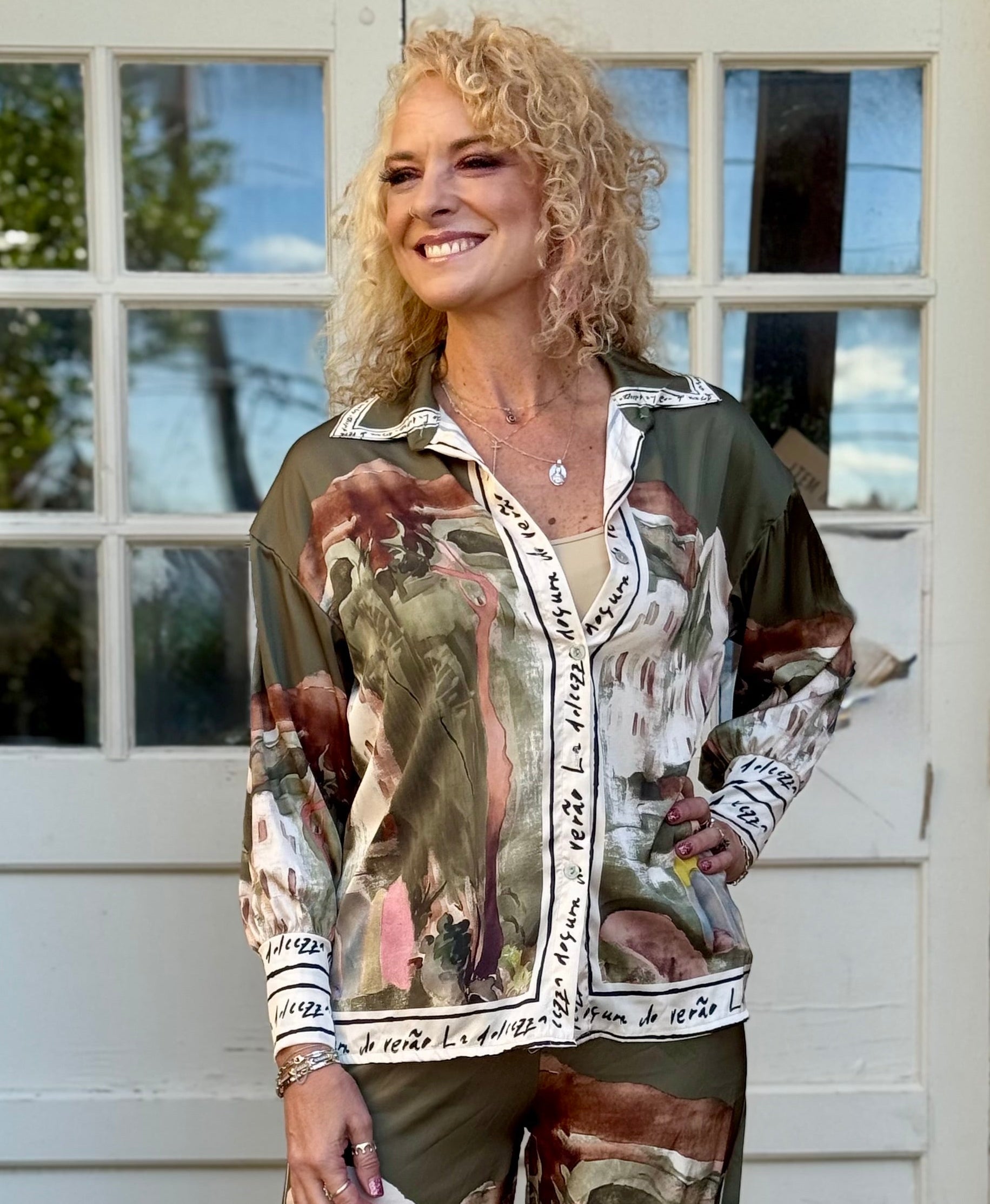 Satin Village Print Long Sleeve Blouse in Olive at ooh la la! in Grapevine TX 76051