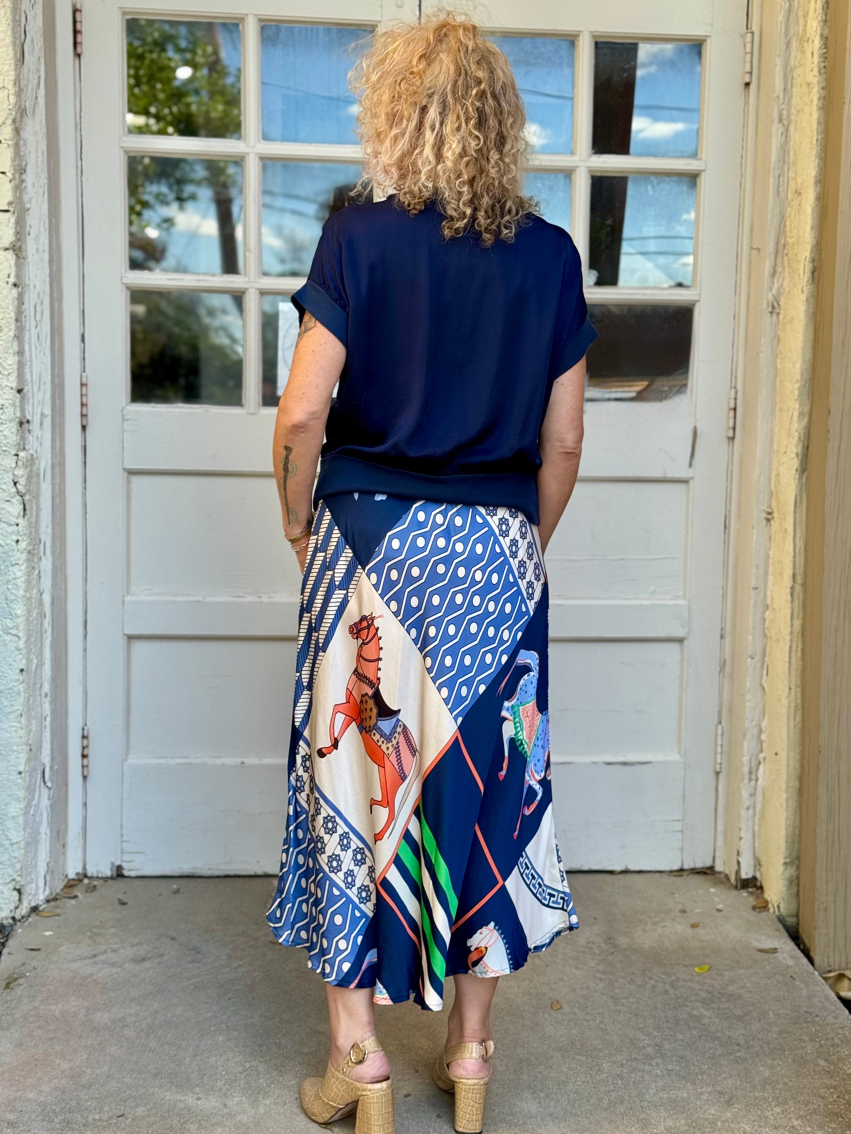 Satin Horse Printed Midi Skirt in navy at ooh la la! in Grapevine TX 76051