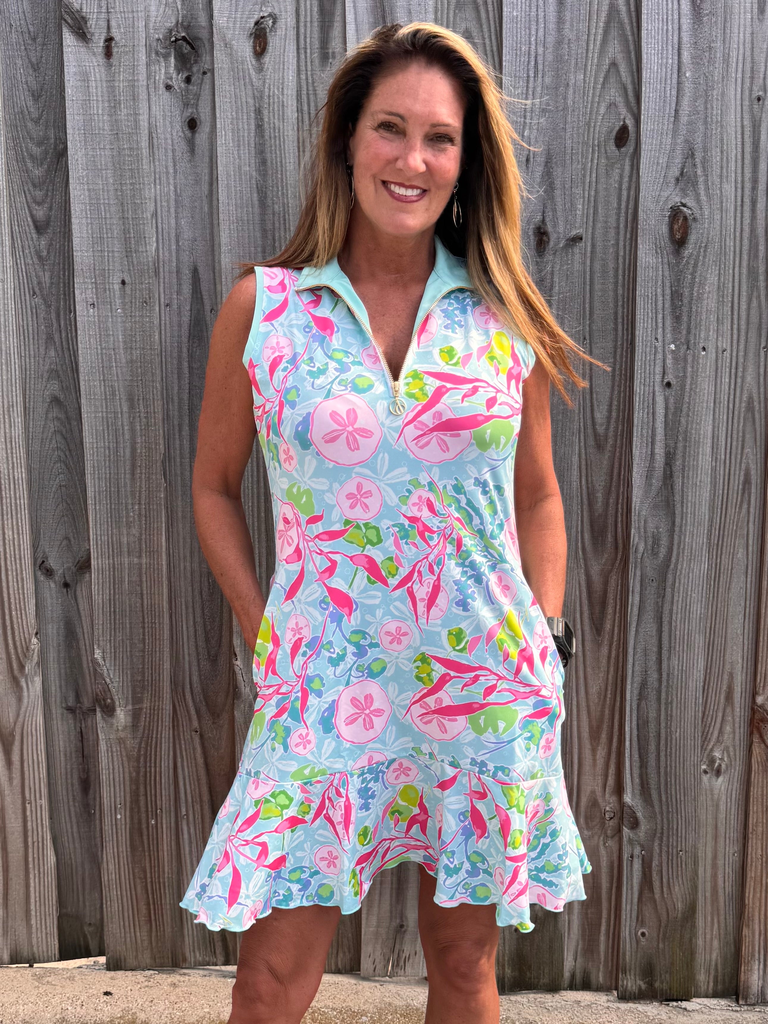 Ana Clare, Jackie Swing Dress, SPF 50 sport dress, golf dress with pockets, tennis dress with flounce, sun protection apparel, sleeveless athletic dress, women's performance dress, tropical resort wear. at ooh la la! in Grapevine TX 76051