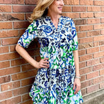 Organic cotton dress, floral shirt dress, tiered summer dress, Dress Addict, crinkle cotton dress, sustainable fashion, mixed floral and hearts print, summer dresses with pockets. at ooh la la in Grapevine TX 76051