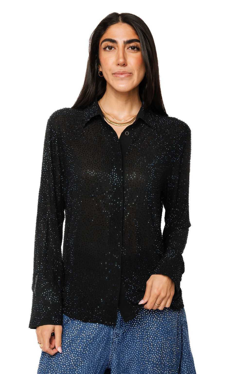 Queen of Sparkles Black Silk Rhinestone Button Up Top at ooh la la! in Grapevine TX 76051