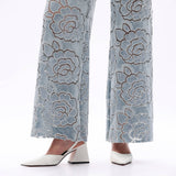 Crystal Embellished Velvet Floral Lace Wide Leg Jeans at ooh la la! in Grapevine TX 76051