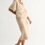 Joh Simone Knitted Plush Jacket in mocha with quilted pockets, worn with matching midi skirt