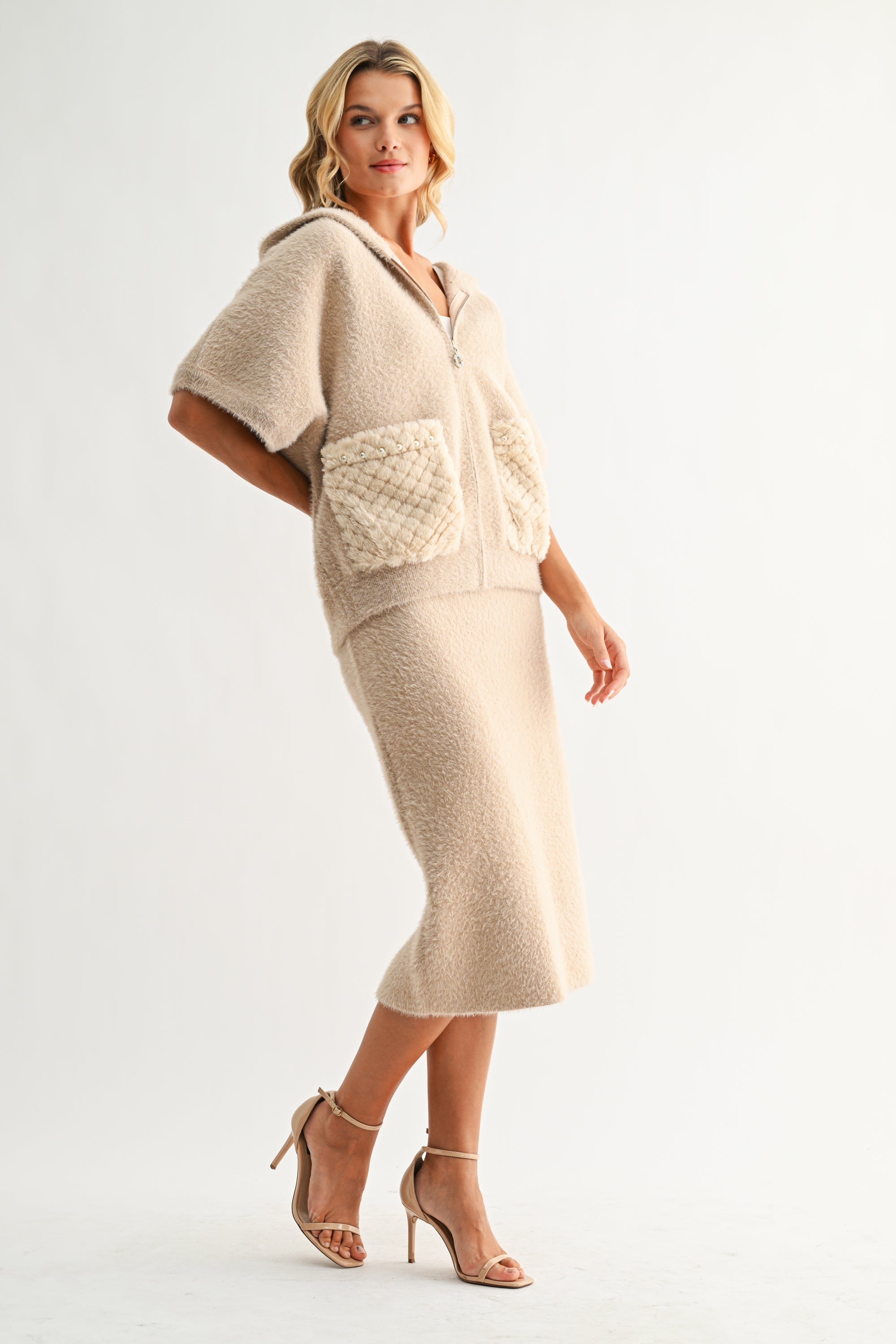 Joh Simone Knitted Plush Jacket in mocha with quilted pockets, worn with matching midi skirt