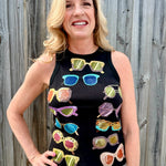 Queen of Sparkles tank, sequin sunglasses top, black ribbed tank, luxury party wear, colorful sequin shirt, designer summer fashion, sparkle tank top, boutique statement top. at ooh la la! in Grapevine TX 76051