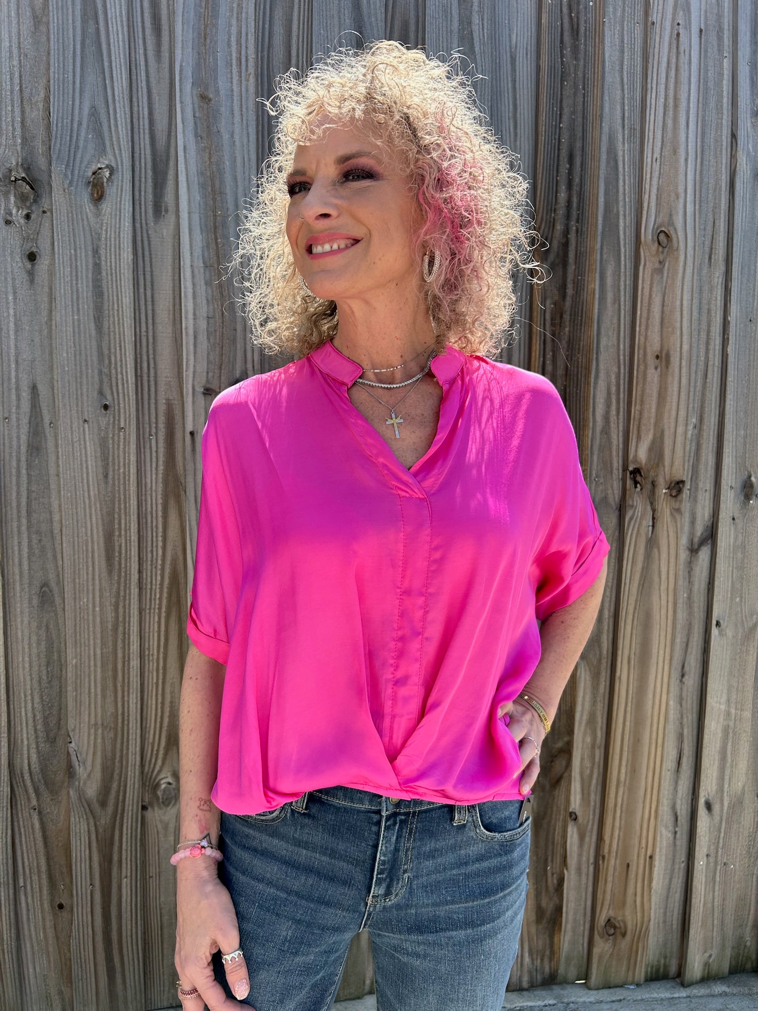 Sofia Jane Satin Blouse in azalea pink at ooh la la! in Grapevine TX 76051