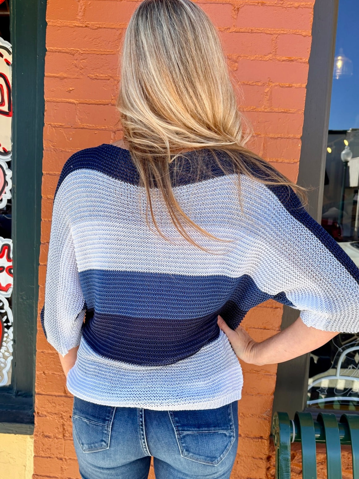 Glitter Stripe Boat Neck Sweater in navy at ooh la la! in Grapevine TX 76051