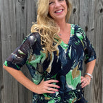 Watercolor Leaves Silk VNeck Blouse in navy at ooh la la! in Grapevine TX 76051