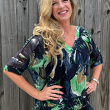 Watercolor Leaves Silk VNeck Blouse in navy at ooh la la! in Grapevine TX 76051