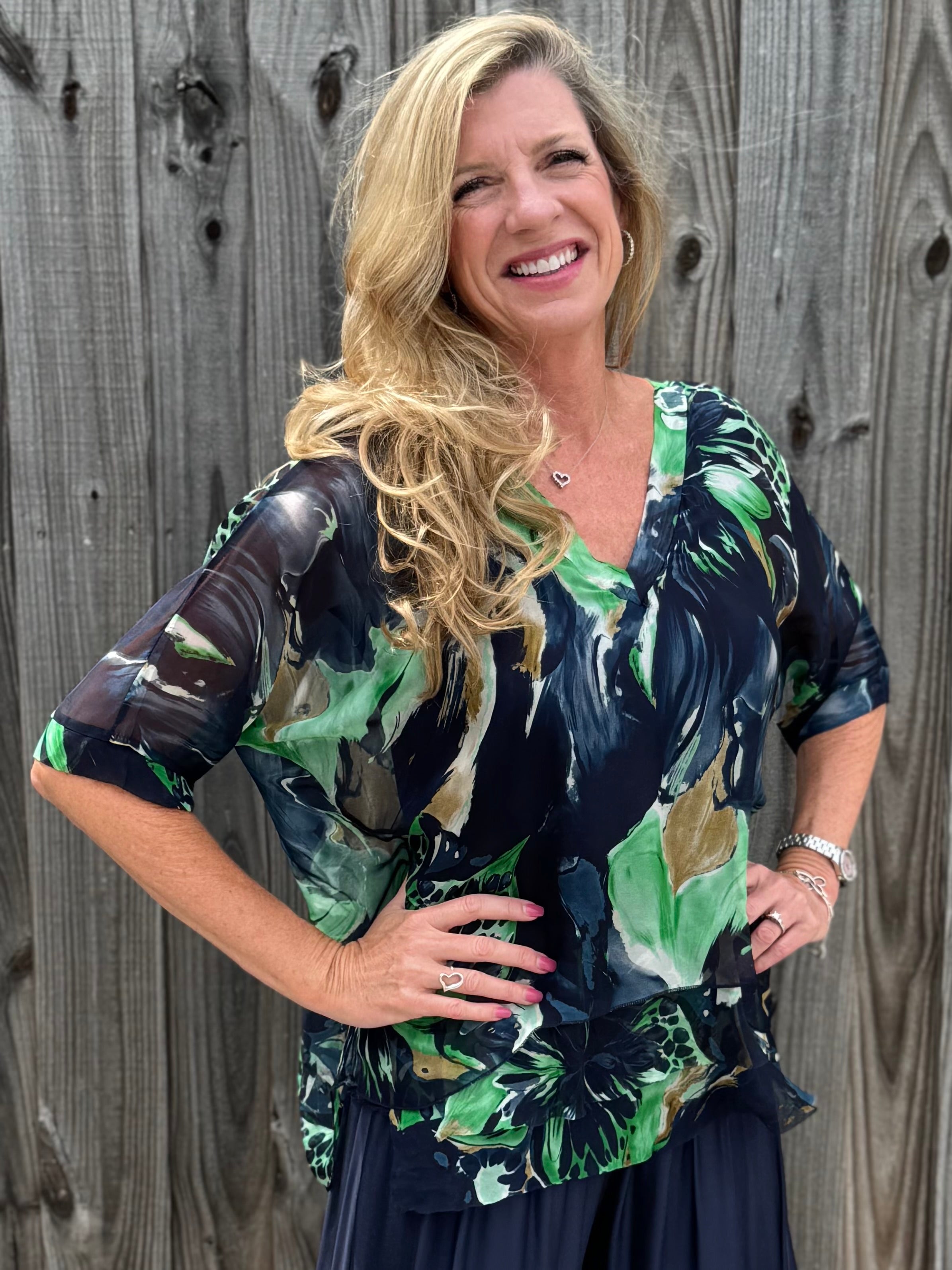 Watercolor Leaves Silk VNeck Blouse in navy at ooh la la! in Grapevine TX 76051