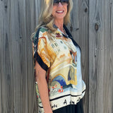 Made in Italy Satin Collared Village Print Blouse in black at ooh la la! in Grapevine TX 76051