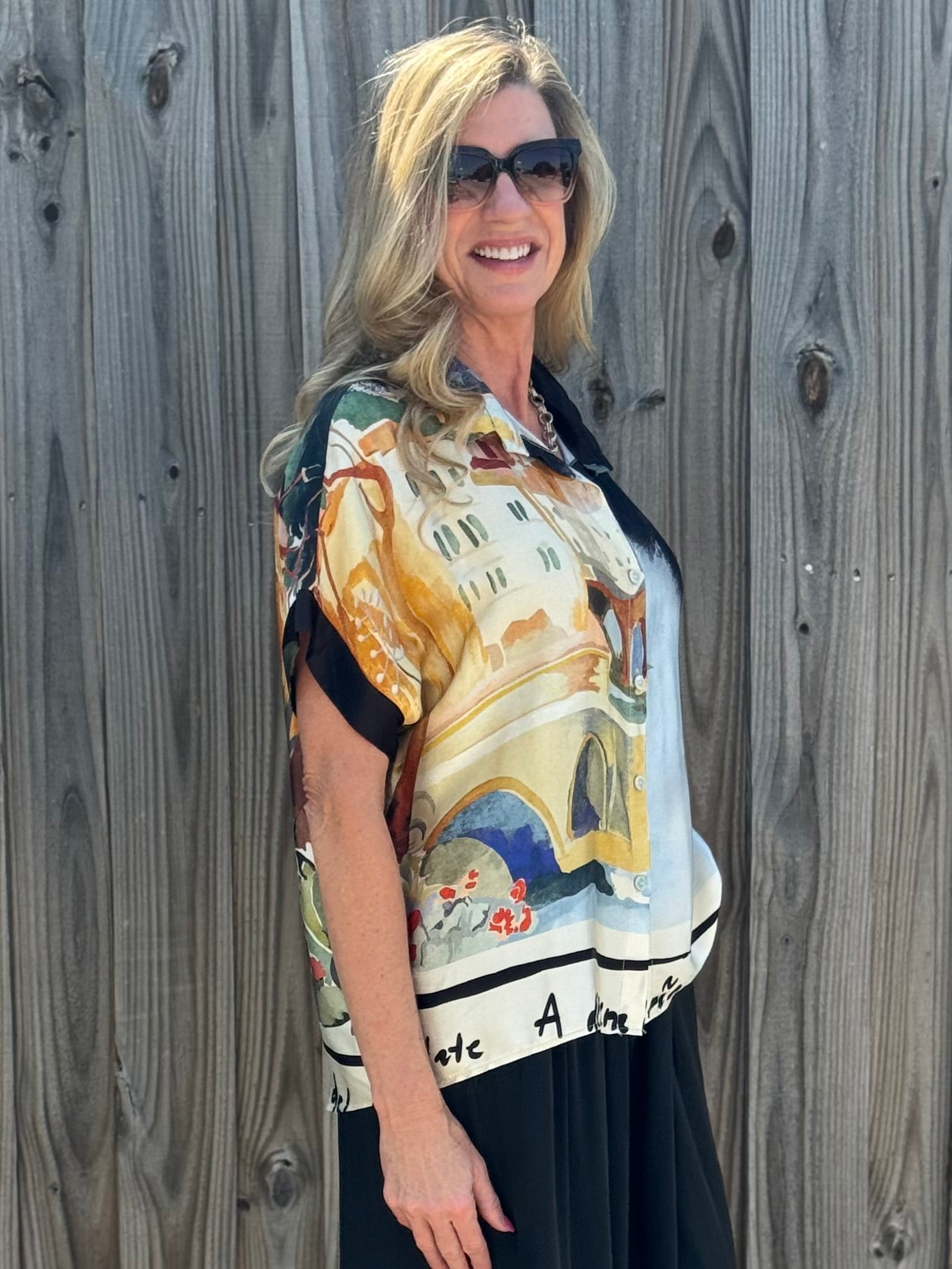Made in Italy Satin Collared Village Print Blouse in black at ooh la la! in Grapevine TX 76051