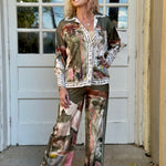 Satin Village Print Pant In Olive at ooh la la! in Grapevine TX 76051