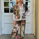 Satin Village Print Pant In Olive at ooh la la! in Grapevine TX 76051