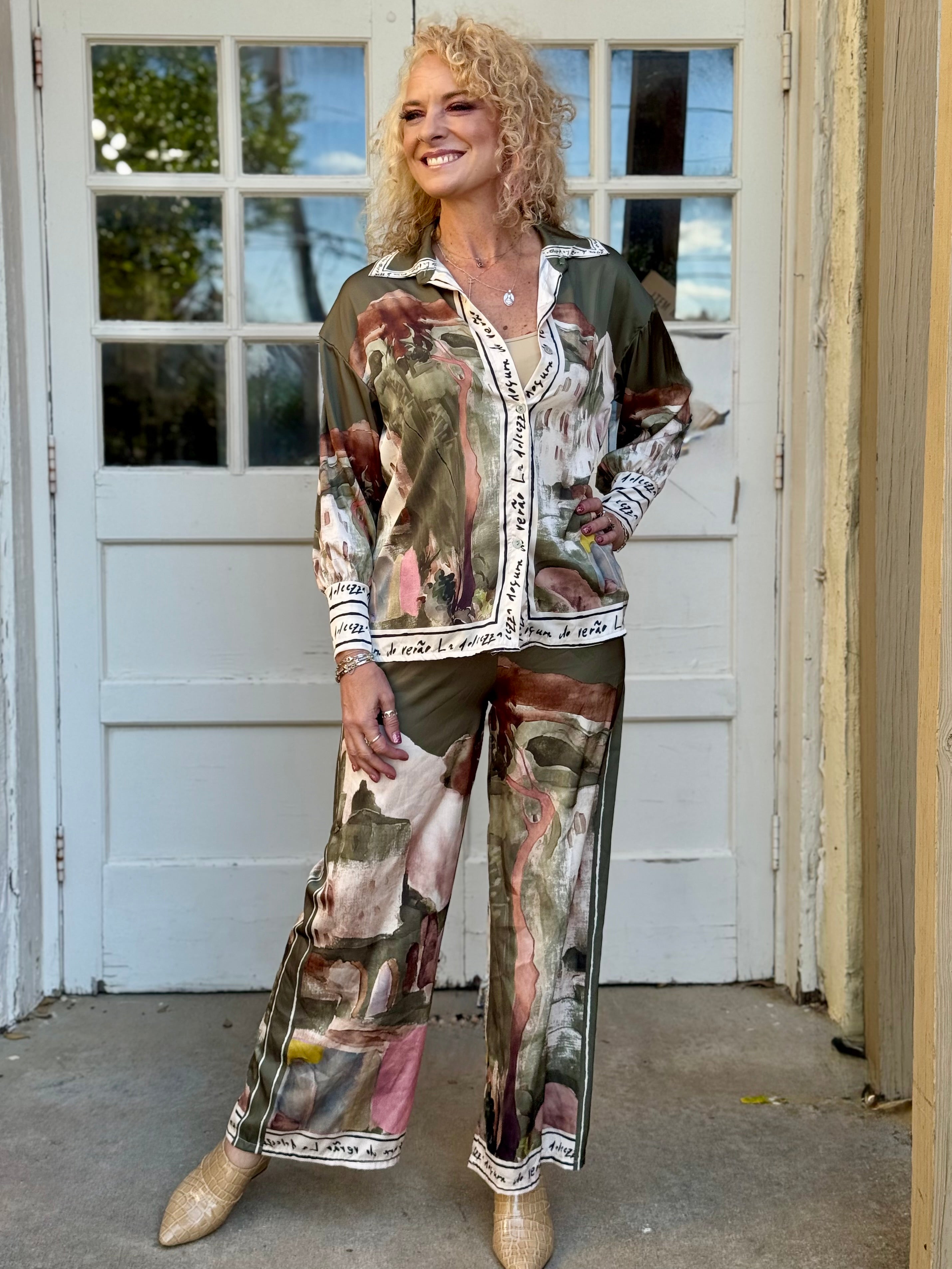 Satin Village Print Pant In Olive at ooh la la! in Grapevine TX 76051