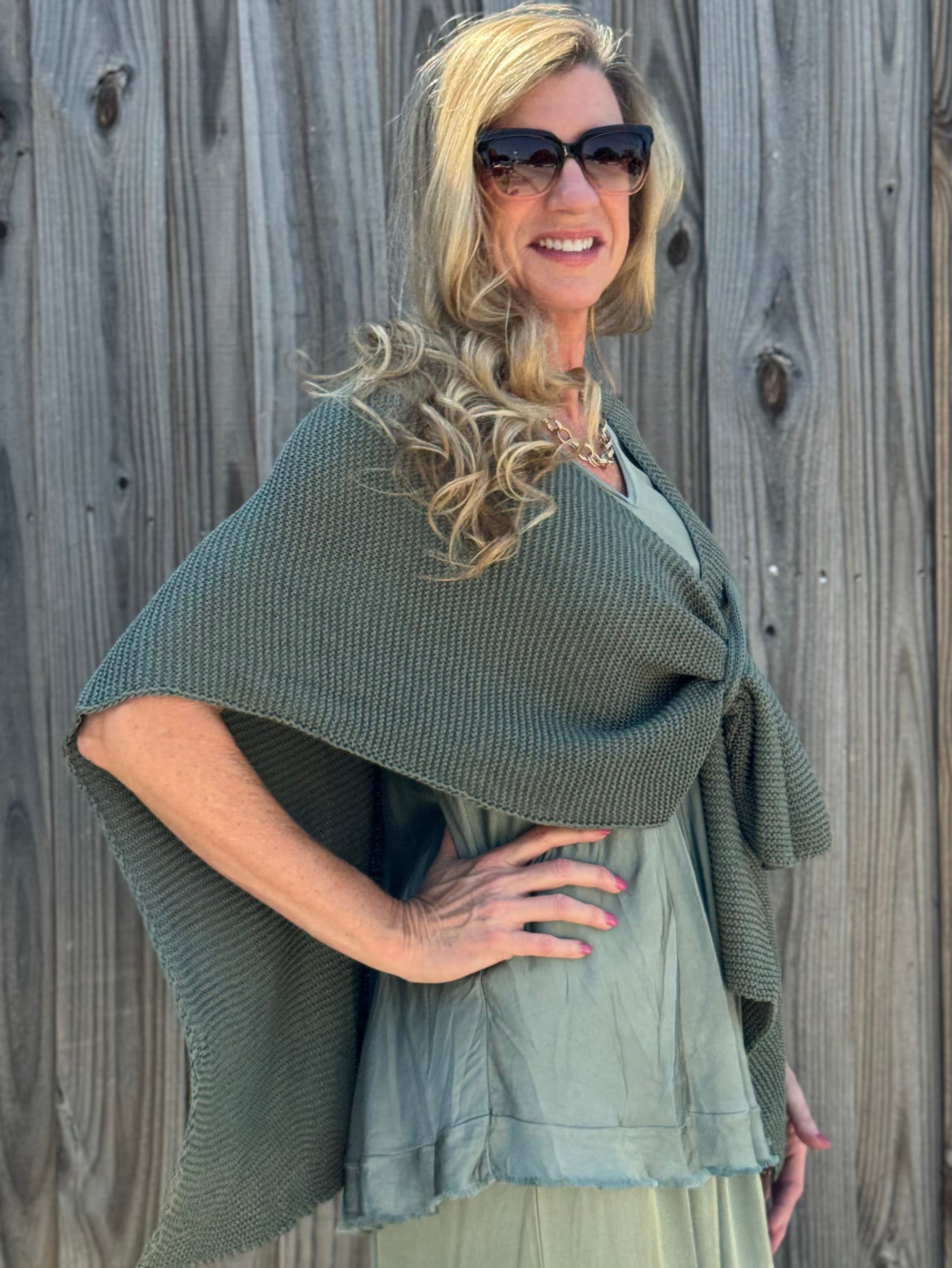 Ribbed Knit Wrap with Tab in Olive at ooh la la! in Grapevine TX 76051