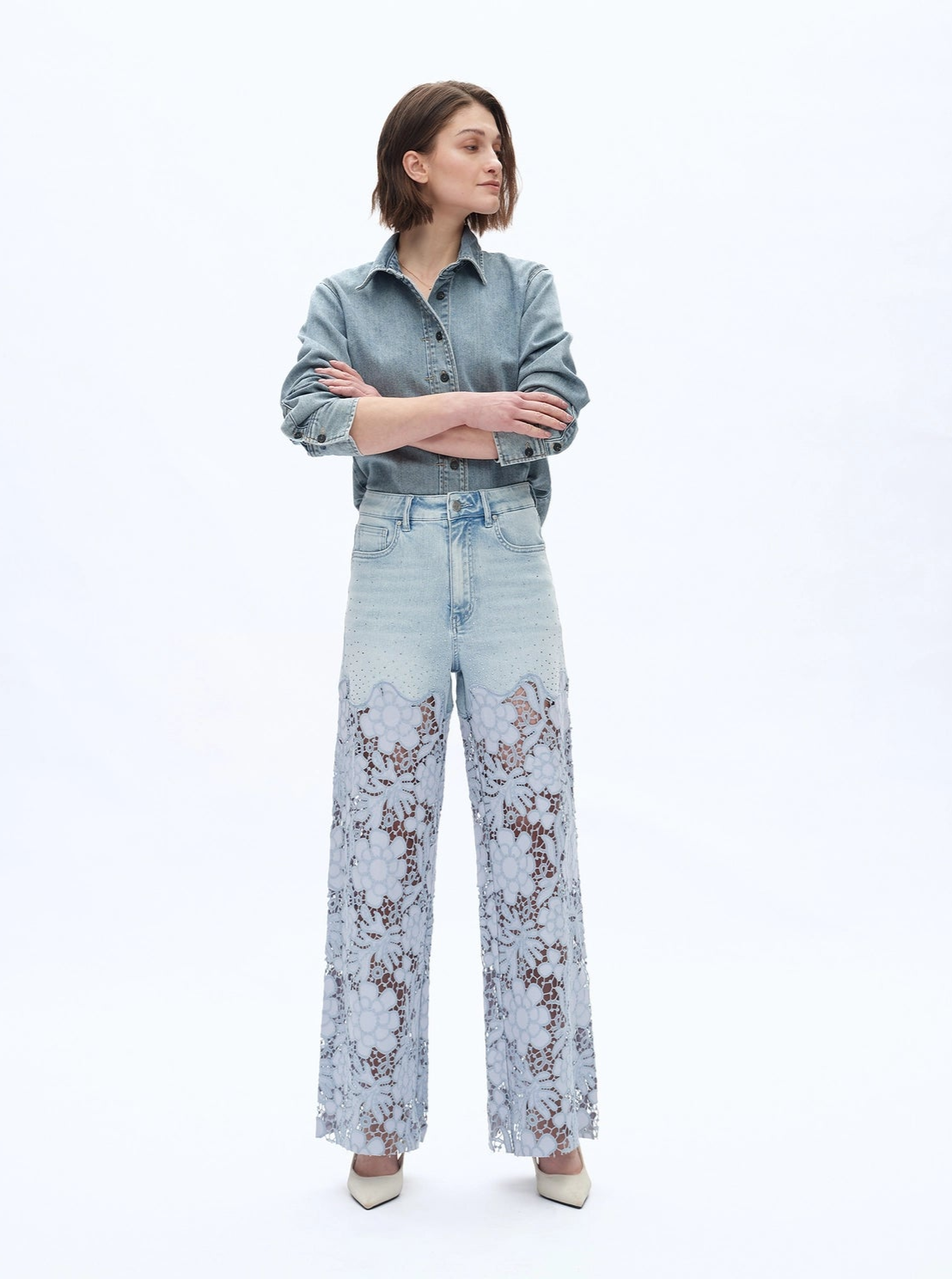 Wide Leg Daisy Lace Bottom Sparkly Jeans at ooh la la! in Grapevine TX 76051